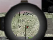 Snipedown game screen showing a sniper crosshair over advancing enemy soldiers with icons for calling in air strike and artillery support