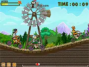 Screenshot of Bicycle Mania Racing online game showing two cyclists racing side-by-side with a nitro boost effect.