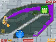 Feed Me Moar 3 online game showing a cute but demanding alien waiting for a blob of pink slime to be delivered through a maze of wooden blocks.
