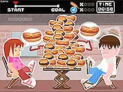 Hamburger Hotdog online game featuring a cartoon vendor and various hotdogs and burgers