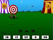 Edgemoor Tournament free online game screenshot, archery target with math problems, educational multiplication game