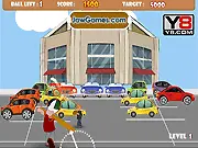 The Parking Lot Smashball online game screen showing a baseball bat about to hit a ball toward a field of parked cars with their windows as targets.
