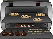 Carl's Cookie Capers math game screenshot showing cookies in an oven tray with chocolate chips and multiplication challenge