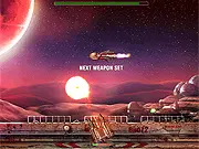 Megagun free online shooter game screenshot showing the player's base being attacked by enemy spacecraft and projectiles