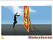 Phil Fill Fast online game character Phil, a fast-moving figure, smashing through a large health billboard while heading toward a cartoon burger factory.