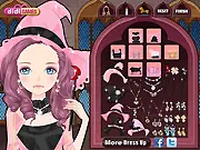 Pink Witch Makeup game image showing a cartoon witch with bright pink hair, pink eyeshadow, and a black witch hat adorned with pink flowers
