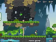 Screenshot from Adam And Eve Love online game, showing the caveman Adam facing a difficult obstacle in a tropical, jungle-themed puzzle level.