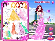 Fashion Street Wedding game image showing a beautiful cartoon bride in a white wedding gown posing elegantly on a busy city street