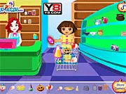 Dora Halloween Prepare game image showing Dora dressed in a cute Halloween witch costume with a broom and a carved pumpkin