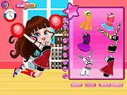 College Cheerleader Dressup game image showing Lucia, the captain, in a stylish uniform holding pom poms and cheering on a sports field