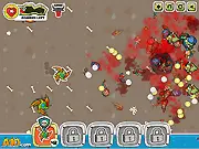 Zomburger free online game screenshot showing a player defending against a horde of burger-obsessed zombies with kill-streak weapons