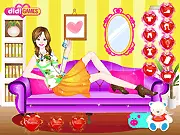 Girls Relax Time Dress Up game image showing a girl dressed in comfortable pajamas and a soft robe relaxing with a warm drink