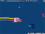 Screenshot of Nyan Cat Fever showing the iconic Pop-Tart cat flying through space with a rainbow trail, eating small food items, in a fun free online arcade game.