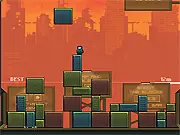 Screenshot of The Blocks Cometh showing a pixel art character climbing a stack of gray and colored falling blocks in an intense free online arcade game.