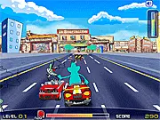 The Oggy & The Cockroaches: Road Chase online game screen showing Oggy the cat driving a red car on a road full of cartoon obstacles