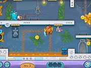 Jellydad Hero online game showing the blue, jelly-like hero inflating to float past an obstacle on a futuristic space pirate ship.