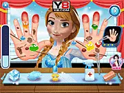 Anna Hand Doctor free online game screenshot showing the player cleaning Princess Anna's injured hand with medical tools