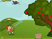The Apple Shooter free online game screenshot showing a player aiming a bow and arrow from a tree branch at a red apple target and black crows.