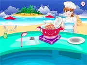 Screenshot of Alicai's Seafood Fever cooking game showing a colorful kitchen counter with fresh seafood and vegetables ready for the recipe, play free online.
