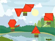 Screenshot from Slice Points online puzzle game showing placed points creating a cut path to slice and make a red shape fall.