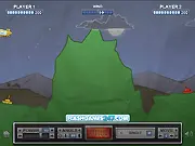 Ballistica turn-based tank combat game screenshot with tanks aiming at each other across a hill