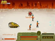 Tank Rage in Zombie City game image showing a large military tank driving through a destroyed city street, running over a group of green zombies