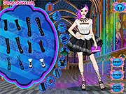 Screenshot of Gothic Fashion dress up game showing a model dressed in black lace, fishnet stockings, and knee-high boots, showcasing a dark and mysterious style