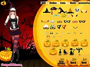 Screenshot of Halloween Couple Story Dress Up game showing a couple dressed in elaborate Halloween costumes, possibly a vampire and witch, in a spooky setting, play free online.