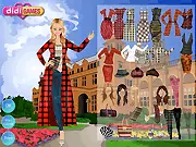 Screenshot of Campus Autumn Style dress up game showing a college girl in a stylish layered outfit like a scarf, sweater, and jeans against an autumn-themed campus background, play free online.