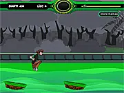 Ben 10 Omniverse in the Cross The Hell online action game, jumping over a lava pit and dangerous fire obstacles in a red, hellish dimension.