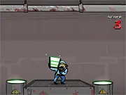 Acid Panic Turbo game screenshot showing a bucket catching falling green acid droplets with a disposal barrel nearby, free online high-score arcade game on PlayArcadeHub