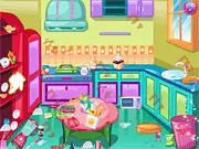 Ellie Kitchen Cleaning free online game screenshot showing a messy kitchen with trash, dishes, and items scattered on the floor and countertops.