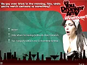 Screenshot of the Drunkometer Quiz online game with a funny, exaggerated cartoon character