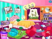Screenshot of the Hotel Cleaning free online game showing a messy room with a character ready to clean