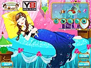 Sleeping Princess Anna in the free online dress-up game, being styled with elegant nightgowns, robes, and accessories by her royal fashion stylist.