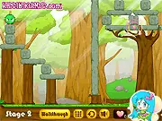 Screenshot of Monster Catcher game, cute monsters sitting on blocks, fairy removing a block to drop them into a net, free online physics puzzle