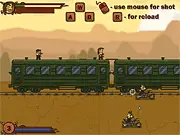 A mercenary shooting at bandits from the top of a fast-moving train in the action-packed free online game Severe Road