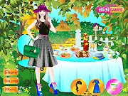 Tea Party Look free online dress-up and decoration game on PlayArcadeHub, featuring a girl choosing a dress and a fancy hat for her tea party