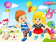 Two kids dressed in cute outfits playing on a slide in their lush garden, free dress up game online on PlayArcadeHub.