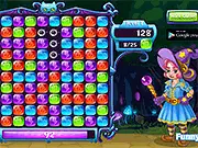 Jewel Mysteries free online match 3 puzzle game featuring elemental jewels and a young mage in a dark forest on PlayArcadeHub