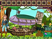 Frozen Princess Elsa fixing a broken flying ship in a deep forest to find a hidden treasure, free adventure game online.