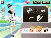 Screenshot of Charlize from Simple Colors Minimalist Dress Up game wearing an elegant black and white outfit