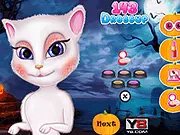 Talking Angela receiving a scary Halloween makeover, spa treatment, creepy makeup, and spooky outfit in a free online game.
