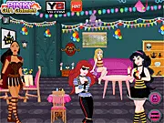 Screenshot of Princess Halloween Room Decor online game showing princesses and spooky party decorations like pumpkins and ghosts.