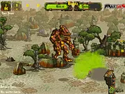 Rise of the Titans 2 online monster brawler game, titan fighting a giant robot, character upgrade screen.