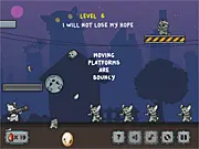 Screenshot of the Bazookitty physics puzzle game showing the cat hero aiming a bazooka at zombie cats, with boulders and ricochet surfaces visible
