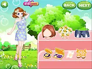 Flower Fans 2 dress up game screenshot showing two girls, Lizzie and Sabina, in floral dresses