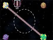 Gameplay screenshot of Tinyverse showing a blue planet being affected by a red push pole and a green pull pole, aiming for a large white circular target in space.