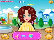 Graduation New Haircut online game screenshot, Emily getting her hair styled and choosing a dress, free dress up game