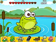 The 'Care Cute Frog' game screen showing the adorable green frog character wearing a silly hat and a pair of glasses.